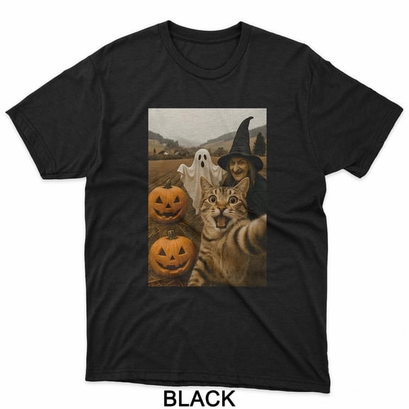 Funny Halloween Cat Selfie With Ghost Boo Witch Pumpkin T-Shirt