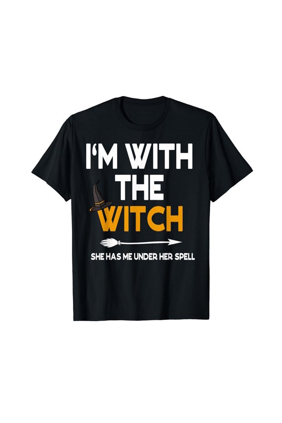 Funny Halloween Couples Costume I'm With The Witch Short Sleeve Black T-shirt