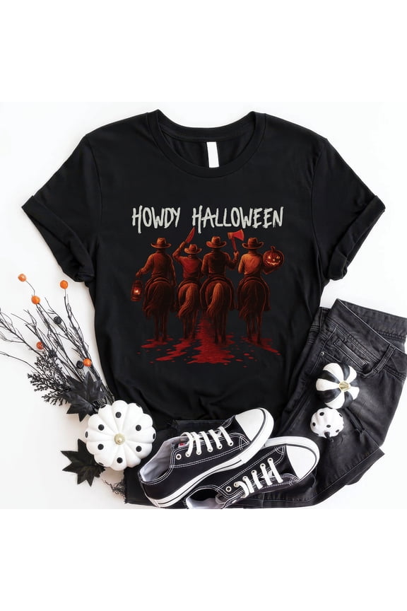 Funny Halloween Cowboy T-Shirt – Howdy Skeleton Riding Graphic Tee, Spooky Season Gift for Men & Women