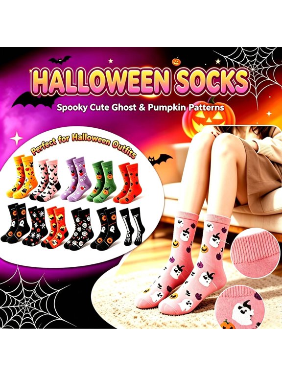 Funny Halloween Crew Socks, Skeleton Pumpkin Pattern Socks, Stretchy Comfort Halloween Socks, Funny Spooky Novelty Socks, Halloween Gift | TruHer,Multicolou Free Size