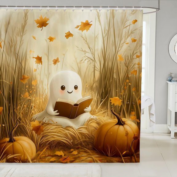 Funny Halloween Fall Pumpkin Maple Leaves Cartoon Shower Curtain 72x72 Inch Rustic Retro Bathroom Curtain for Kids Adults