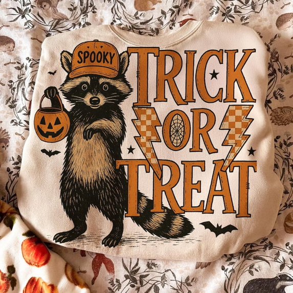 Funny Halloween Feral Trick or Treat Sublimation T-shirt, Halloween pumpkin T-shirt, Spooky Season T-shirt, Halloween T-shirt, Raccoon T-shirt, Pumpkin T-shirt TH040610