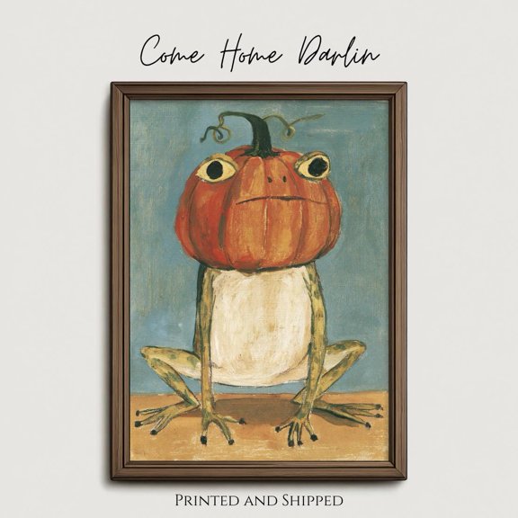 Funny Halloween Frog Print Pumpkin Head Frog Wall Art Vintage Folk Art Poster Whimsical Fall Decor Cottagecore Halloween Nursery, Poster Only