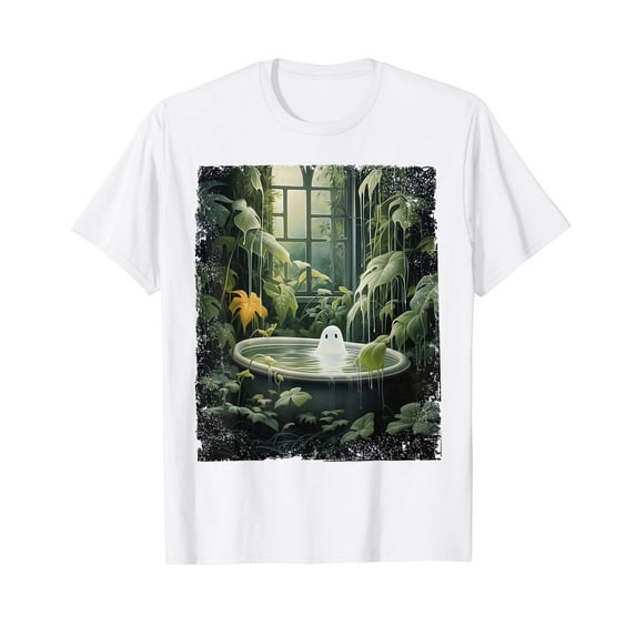 Funny Halloween Ghost In The Bathtub Plant Lover Botanical Short Sleeve White T-Shirt