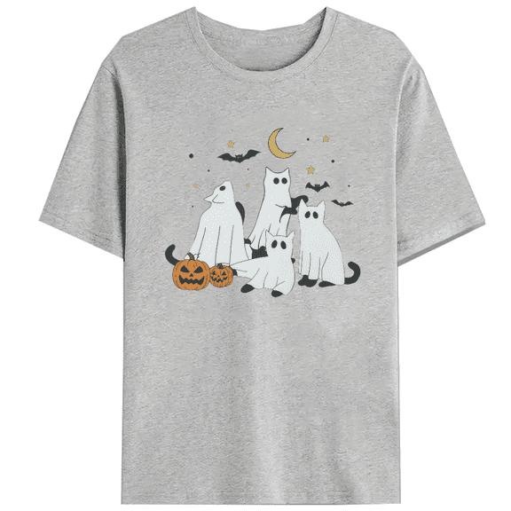 Funny Halloween Ghosts & Cat Print Tops Cute Cat Lovers Graphic Tees Short Sleeve Casual Spooky Season T-shirts Cotton Shirts for Daily Outfits Gray,L