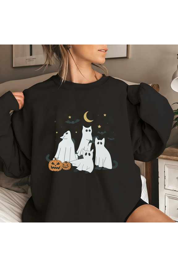 Funny Halloween Ghosts & Cat Print Tops Cute Cat Lovers Sweatshirts Long Sleeve Casual Spooky Season Pullover Cotton Shirts for Daily Outfits Black,L