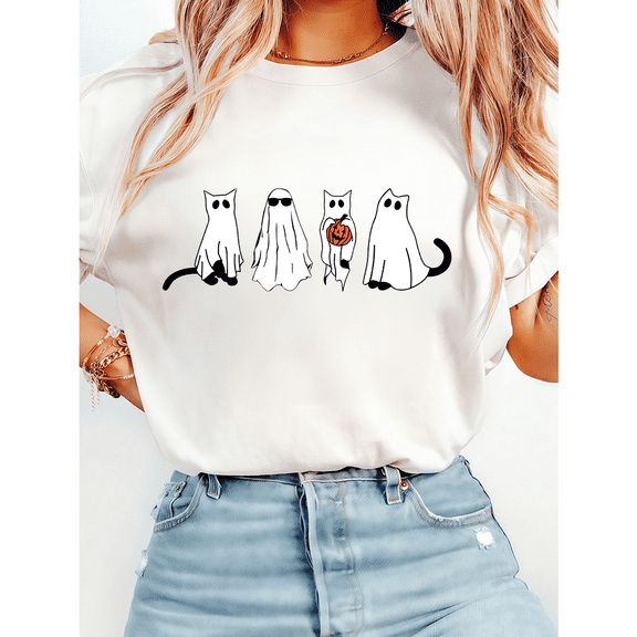 Funny Halloween Ghosts Pumpkin Print Tops Cute Cat Lovers Graphic Tees Short Sleeve Casual Spooky Season T-shirts Cotton Shirts for Daily Outfits White,S