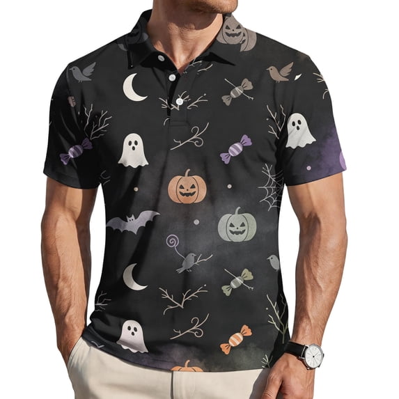 Funny Halloween Golf Sweatshirts for Men, Spooky Bat Printed Golf Polo Quick-Dry Moisture Wicking Funny Polo Shirts for Men