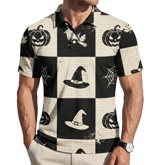 Funny Halloween Golf Sweatshirts for Men, Spooky Bat Printed Golf Polo Quick-Dry Moisture Wicking Funny Polo Shirts for Men