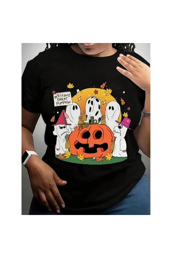 Funny Halloween Great Pumpkin Graphic Tee, Tops Has "WELCOME GREAT PUMPKIN" & Ghost - Pumpkin Design, Round Neck Regular Fit T - shirts, Size(S - 5XL)