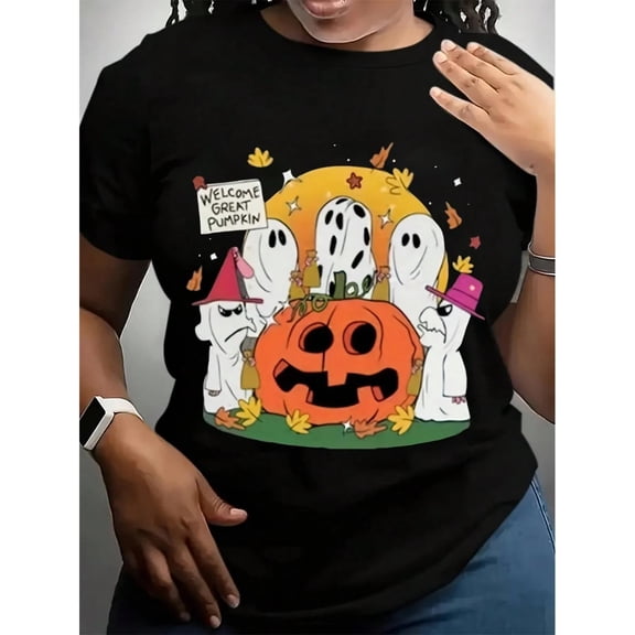 Funny Halloween Great Pumpkin Graphic Tee, Tops Has "WELCOME GREAT PUMPKIN" & Ghost - Pumpkin Design, Round Neck Regular Fit T - shirts, Size(S - 5XL)