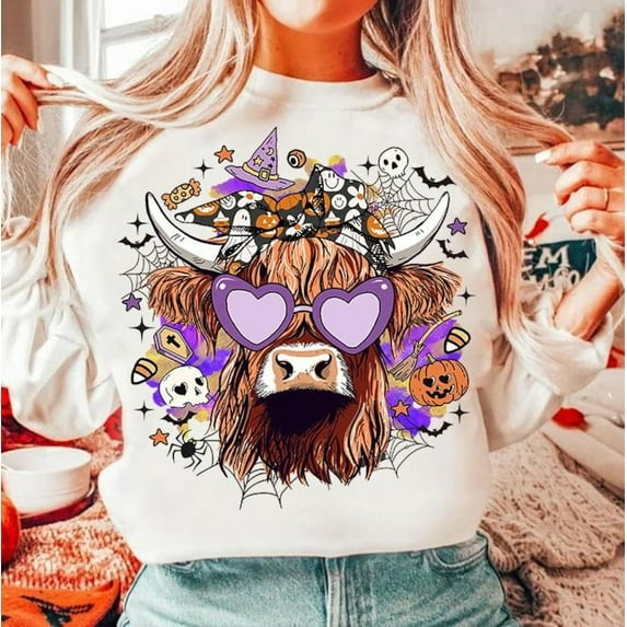 Funny Halloween Highland Cow Sweatshirt with Ghost Cows, Retro Fall Shirt for Spooky Season, Cute Bull Halloween Outfit with Western Farm Vibes
