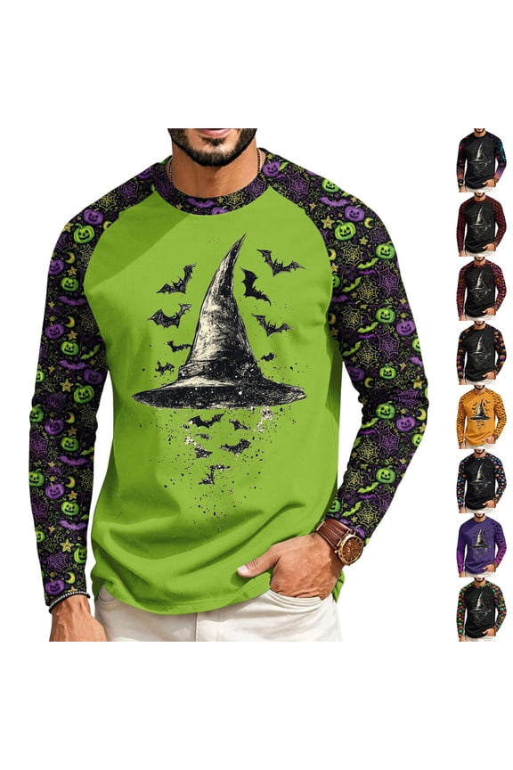 Funny Halloween Long Sleeve Shirts for Men Spooky Ghost Witch Pumpkin Moisture Wicking Lightweight Athletic Workout Tops for Holiday Streetwear