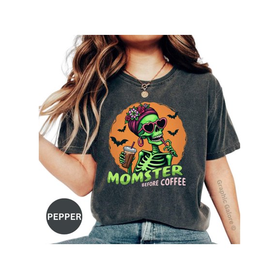 Funny Halloween Messy Bun Mom Coffee, Funny Halloween Shirt, Momster Halloween Sweatshirt, Funny Coffee Skeleton Shirt, Halloween Coffee Tee