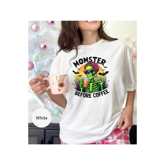 Funny Halloween Messy Bun Mom Coffee, Funny Halloween Shirt, Momster Halloween Sweatshirt, Funny Coffee Skeleton Shirt, Halloween Coffee Tee