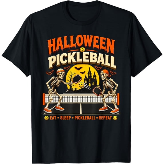 Funny Halloween Pickleball Game Skeletons and Pickle Ball T-Shirt ...