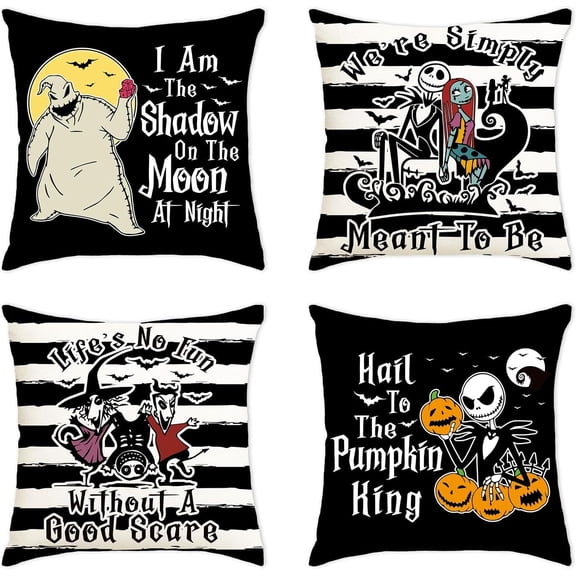 Funny Halloween Pillow Covers, 18x18 Halloween Throw Pillow Cover, Nightmare before Halloween Decorations, Set of 4 Nightmare Christmas Cushion Cases, Jack Sally Bed Couch Sofa Decor Party Supplies
