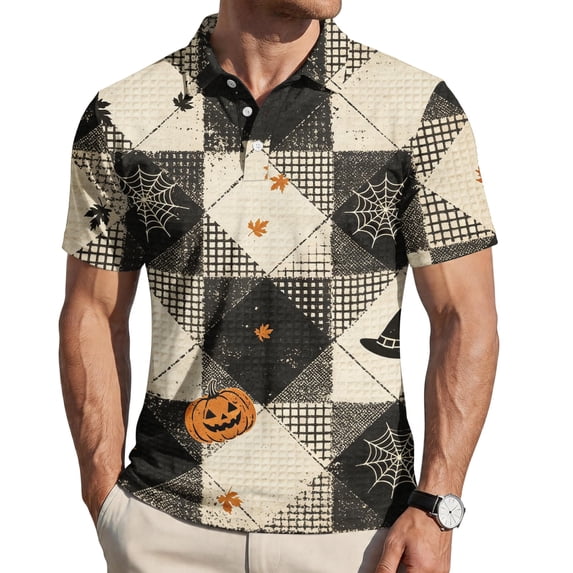 Funny Halloween Polo Shirts for Men, Classic Pumpkin Bat Print Tops, Moisture Wicking Loose Short Sleeve Casual Sweatshirts