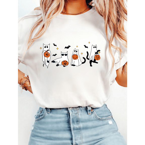Funny Halloween Pumpkin Ghosts Print Tops Cat Lovers Graphic Tees Short Sleeve Casual T-shirts Cotton Shirts for Daily Outfits White,L