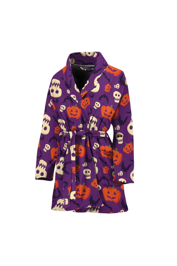 Funny Halloween Pumpkin Pattern Women Bathrobe One Size Univeral Fits, Halloween Decorative Fashion Lightweight Plush Fleece Long Robe For Women