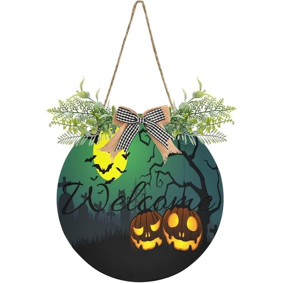 Funny Halloween Pumpkin Welcome Sign Front Door Round Wall Door Sign with Flowers Hanging Sign for Entryway Front Porch Hallway Yard Garden Home Decor