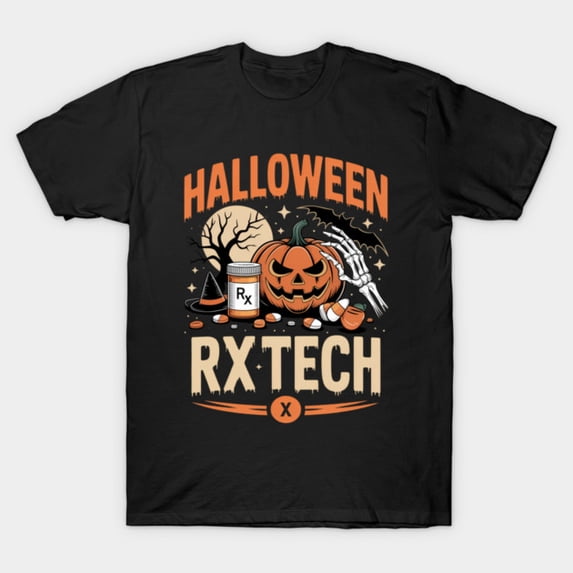 Funny Halloween Rx Tech Pill Bottle Retro Pharmacy Medical Humor Graphic - Daily Wear Essential G1987 T-Shirt, for men and women, Up to Size 5XL