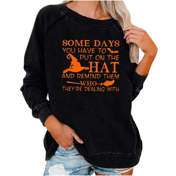 Funny Halloween Shirt For Women Long Sleeve Skull Graphic T Shirts Letter Print Casual Loose Sweater