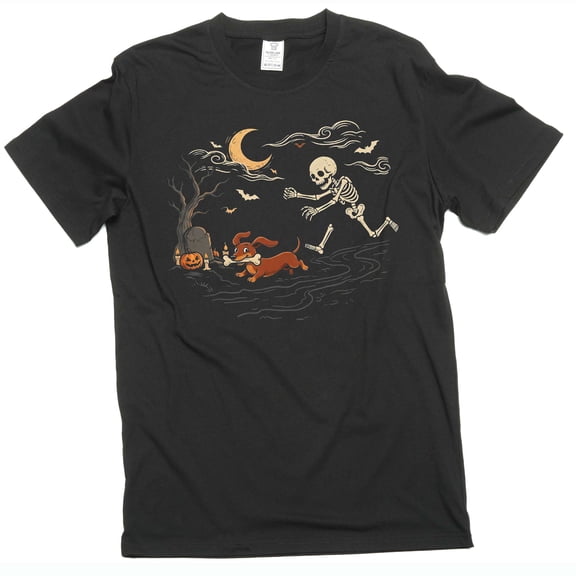 Funny Halloween Shirt Skeleton Chasing Dog Spooky Season Vintage Graphic Tee