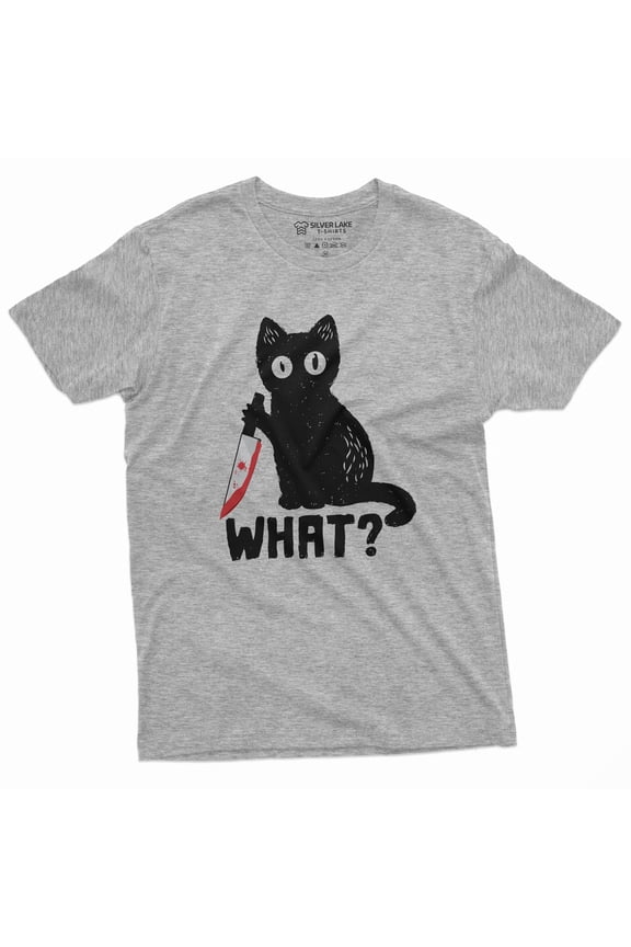 Funny Halloween Shirt What Killer Cat with Bloody Knife Humor Shirt sarcastic Tee (X-Large Grey)