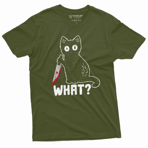 Funny Halloween Shirt What Killer Cat with Bloody Knife Humor Shirt sarcastic Tee (X-Large Military Green)