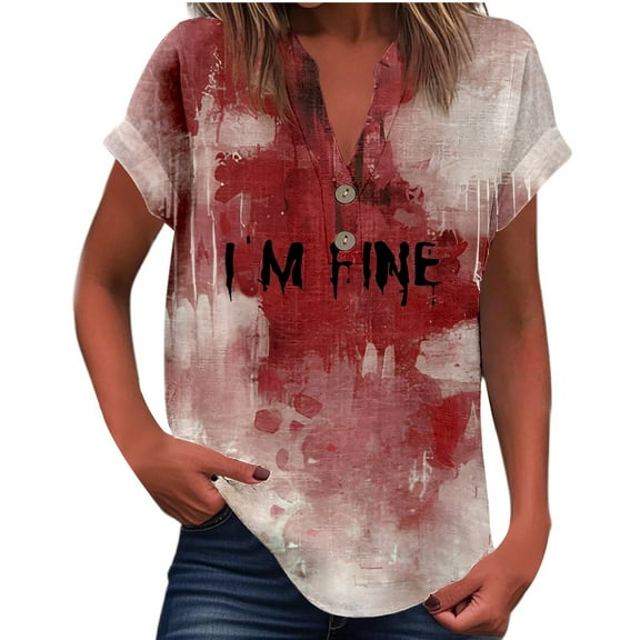 Funny Halloween Shirts Women Short Sleeve Funny Graphic Tees for Women V Neck T Shirts I'M Fine Shirt Womens Gothic Tops Halloween Gifts for Women