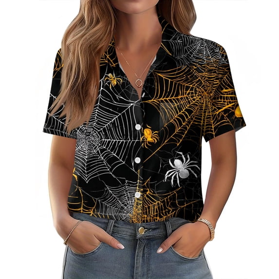 Funny Halloween Shirts for Women Plus Size V Neck Short Sleeve Button Down Fall Holiday Halloween T Shirts