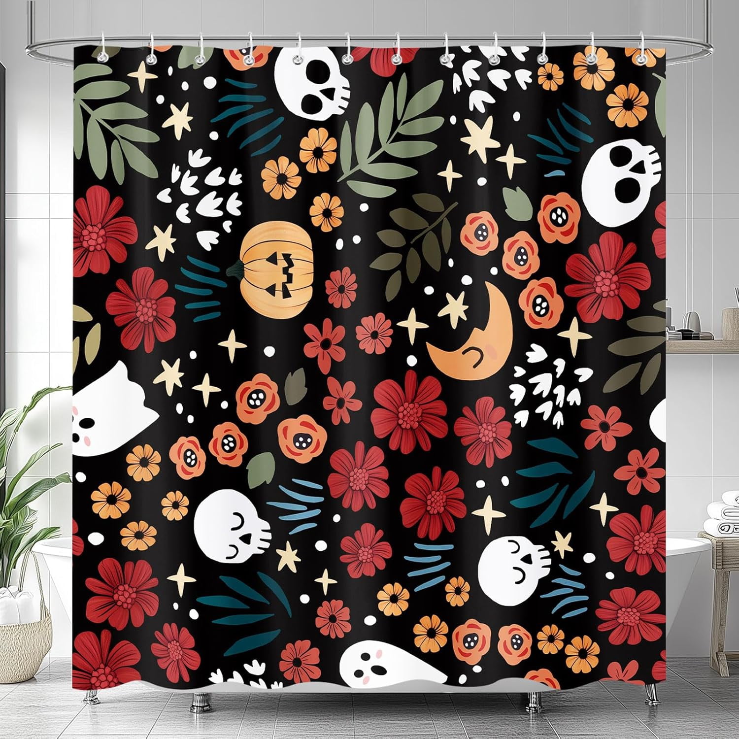Funny Halloween Shower Curtain, Fall Cute Spooky Pumpkins and Gothic