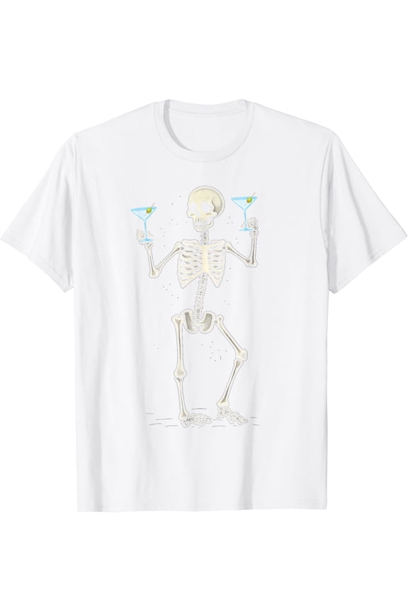 Funny Halloween Skeleton Drinking Martini Cocktail T-Shirt