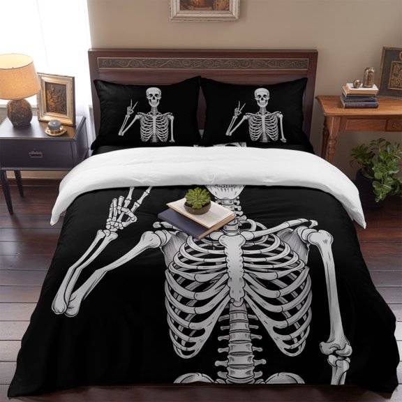 Funny Halloween Skull Skeleton Queen Size Bed Set,White Human Bones on Black Bedding for All Seasons,4 Pcs Bed Set,1 Quiltcover (90"x90"),1 Sheet (90"x102"),2 Pillowcases (20"x30")