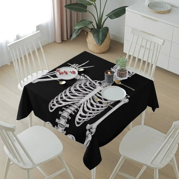 Funny Halloween Skull Skeleton Table Cloth 54x54in, Waterproof Square Tablecloth Wipeable Tablecloths White Human Bones on Black Table Covers for Dining Tables Party Indoor Outdoor