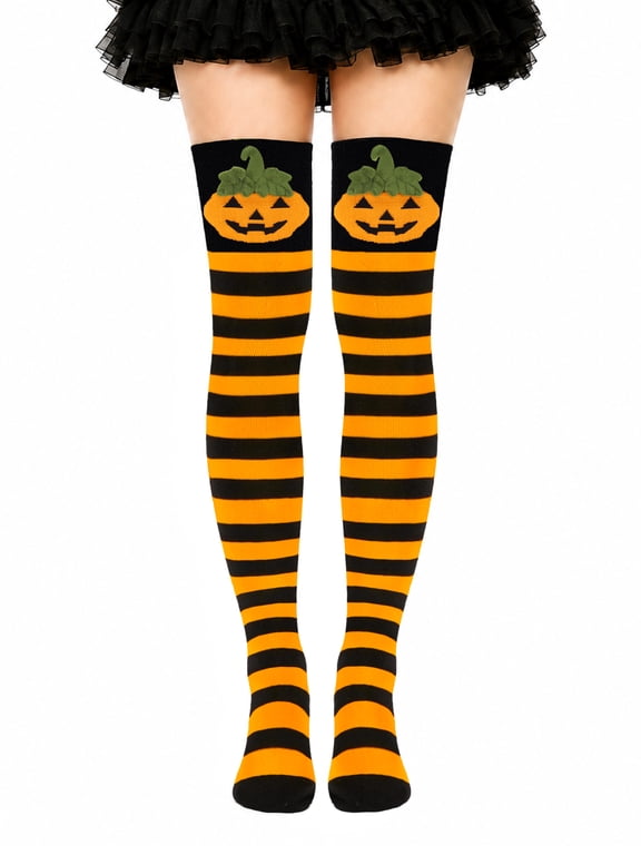 Funny Halloween 3D Pumpkin Knee High Socks for Teen Girls, Fun Witch Socks Novelty Crazy Black and Orange Striped Long Tall Socks for Girls, Cute Spooky Halloween Stockings Gifts for Witch Costume