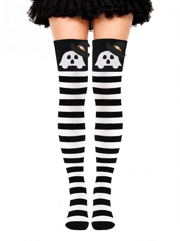Funny Halloween 3D Ghost Knee High Socks for Women Teen Girls, Witch Socks Novelty Crazy Black and White Striped Long Socks for Adult, Fun Spooky Halloween Stockings Gifts for Boo Basket Witch Costum