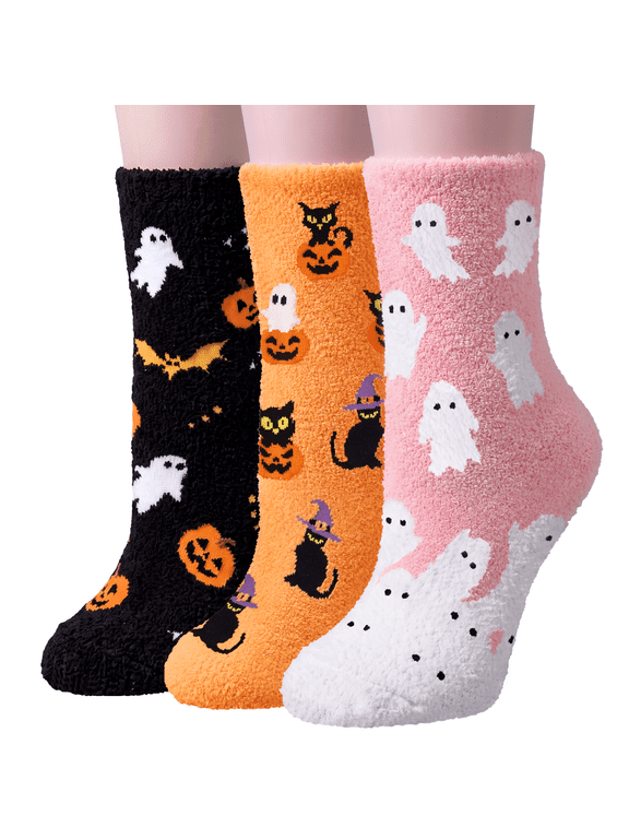 Funny Halloween Socks for Women & Teen Girls - Ghost Pumpkin Bat Black Cat Print Novelty Socks Fun Cute Novelty Crazy Funky Dress Crew Socks - Halloween Gifts Stockings Costumes,3 Pairs