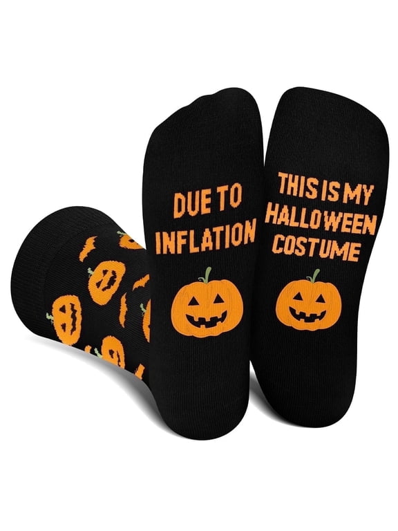 Funny Halloween Novelty Crew Socks for Men Women, "Due To Inflation This Is My Halloween Costume" Pumpkin Printed Holiday Socks, 80% Cotton Humorous Party Gift Socks