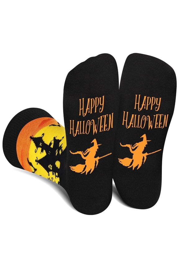 Funny Halloween Socks for Women & Teen Girls - "HAPPY HALLOWEEN" Fun Witch Castle & Bat Fun Cute Novelty Crazy Funky Dress Crew Socks - Halloween Gifts Stockings Costumes