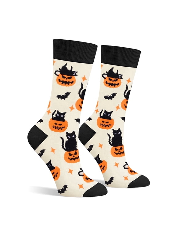 Funny Halloween Socks for Women & Teen Girls - Black Cat Bat Pumpkin Jack O Lanterns Fun Cute Novelty Crazy Funky Dress Crew Socks - Halloween Gifts Stockings Costumes