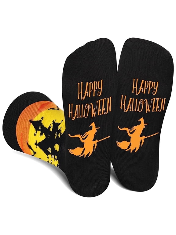 Funny Halloween Socks for Women & Teen Girls - "HAPPY HALLOWEEN" Fun Witch Castle & Bat Fun Cute Novelty Crazy Funky Dress Crew Socks - Halloween Gifts Stockings Costumes