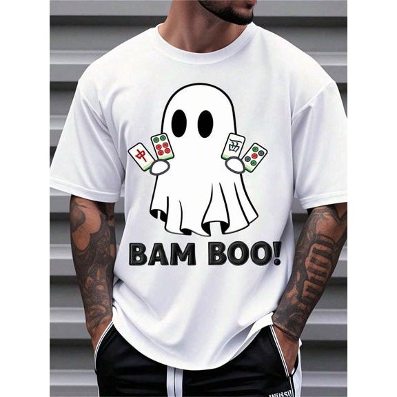 Funny Halloween Style T-Shirt, Cute Ghost Holding Mahjong Tiles Design Short Sleeve, Casual Streetwear For Men And Women