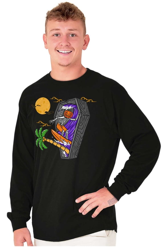 Funny Halloween Surfing Skeleton Long Sleeve TShirt Men Women Brisco Brands M