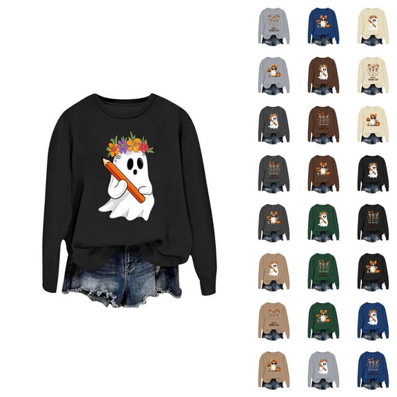 Funny Halloween Sweatshirts for Women Long Sleeve Crewneck Cute Ghost Skeleton Pumpkin Graphic Sweatshirt Pullover Top