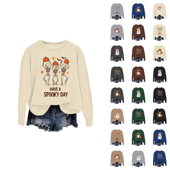 Funny Halloween Sweatshirts for Women Long Sleeve Crewneck Cute Ghost Skeleton Pumpkin Graphic Sweatshirt Pullover Top