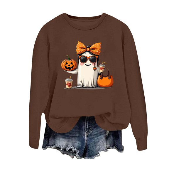 Funny Halloween Sweatshirts for Women Long Sleeve Crewneck Cute Ghost Skeleton Pumpkin Graphic Sweatshirt Pullover Top