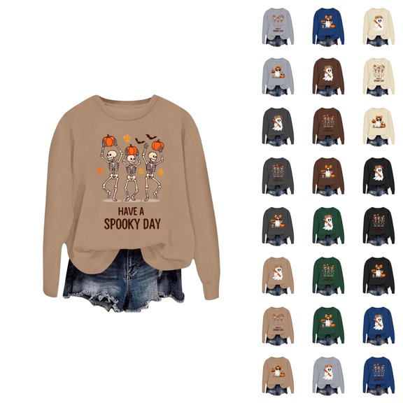 Funny Halloween Sweatshirts for Women Long Sleeve Crewneck Cute Ghost Skeleton Pumpkin Graphic Sweatshirt Pullover Top