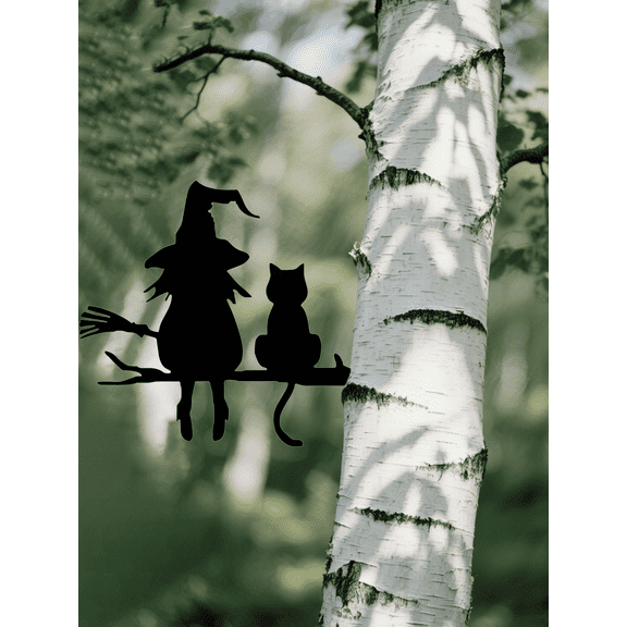 Funny Halloween Witch and Black Cat Metal Wall Art, Broom Silhouette Iron Decorative Plaque, Wall Hanging Ornament for Home Living Room Bedroom & Outdoor Patio